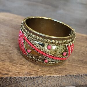 Vintage Gold Tone Bohemian Beaded Hinged Cuff Bracelet